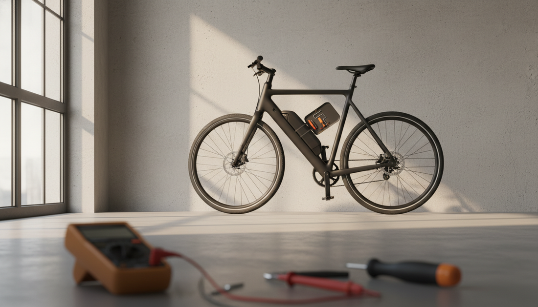 Minimalistisches schwarzes E-Bike mit integriertem Akku in heller Werkstatt — Symbolbild Ampler Akku-Service nach Insolvenz