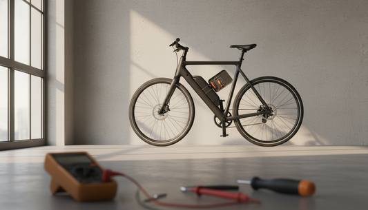 Minimalistisches schwarzes E-Bike mit integriertem Akku in heller Werkstatt — Symbolbild Ampler Akku-Service nach Insolvenz